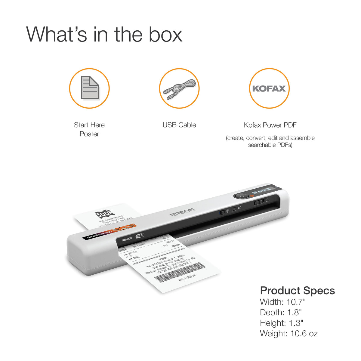 Epson - RapidReceipt RR-70W Wireless Mobile Receipt and Color Document Scanner - White
