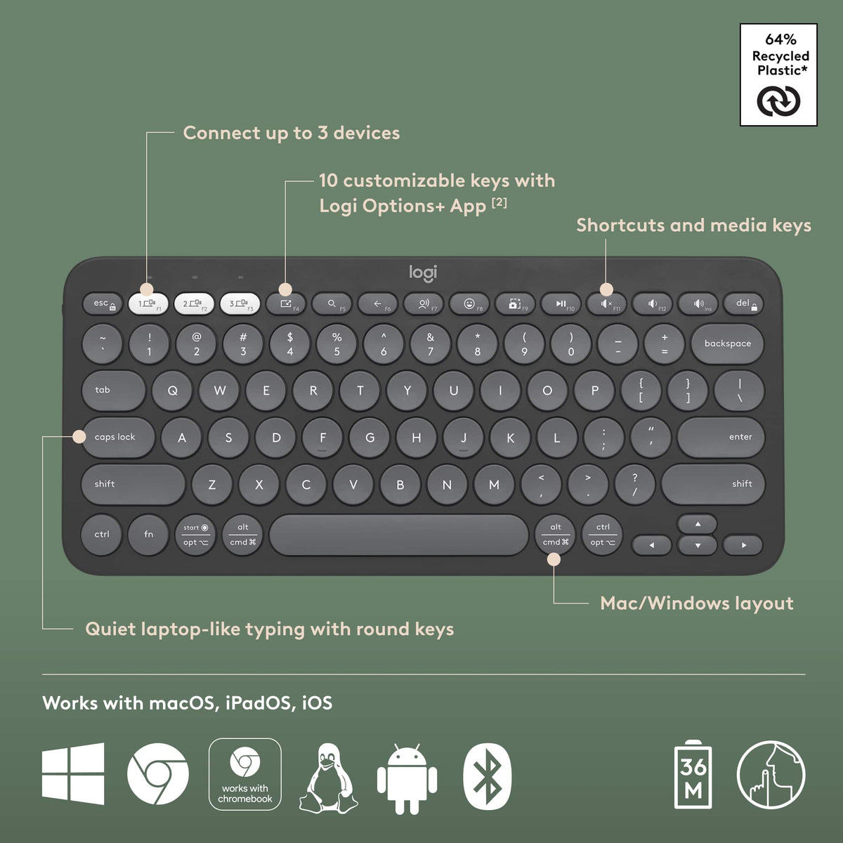 Logitech - Pebble Keys 2 Slim TKL Wireless Scissor Keyboard for Windows, macOS, iPadOS, Chrome - Graphite