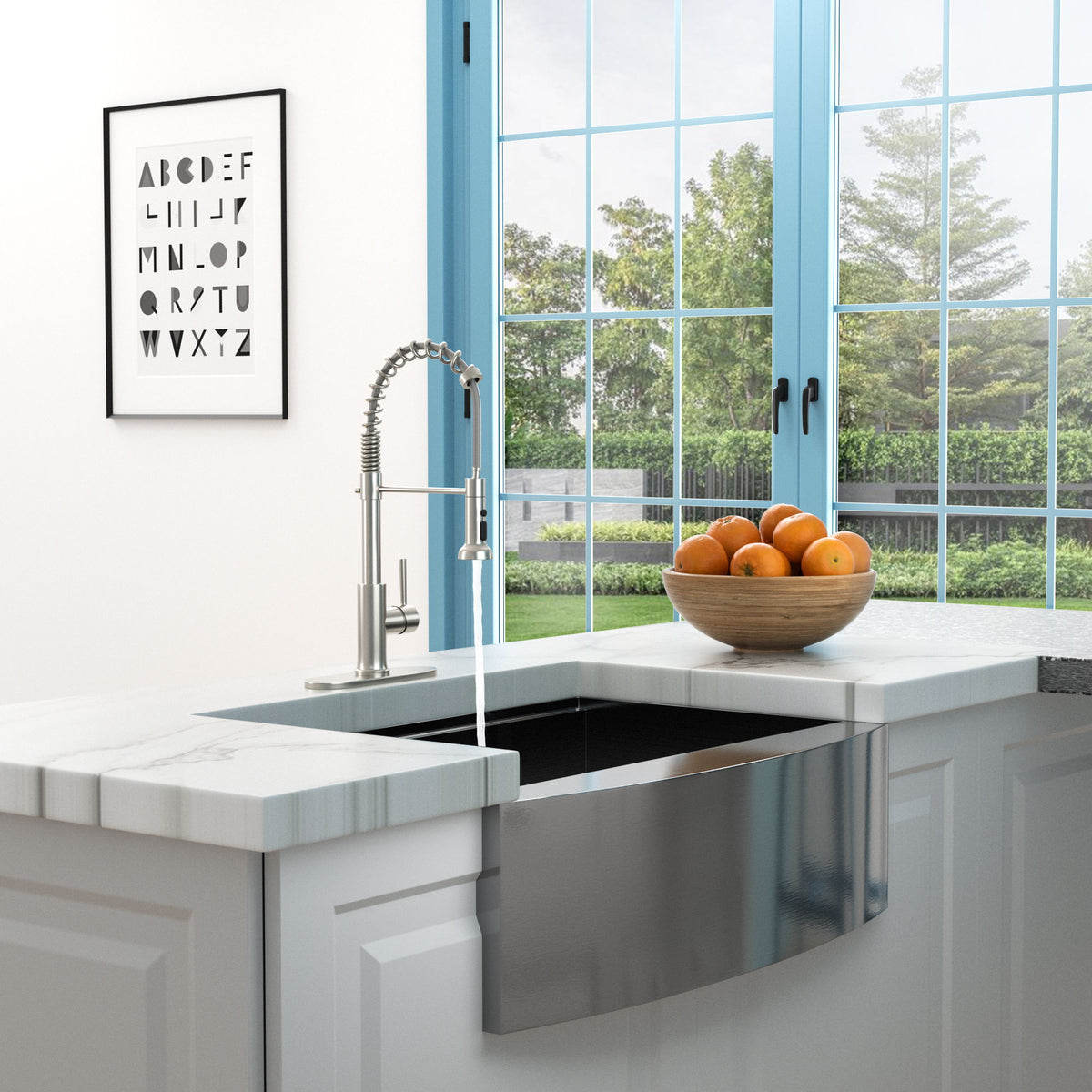 21" Commercial Kitchen Faucet With Dual Function Pull Down Sprayhead In, Stainless Steel - Brushed Nickel