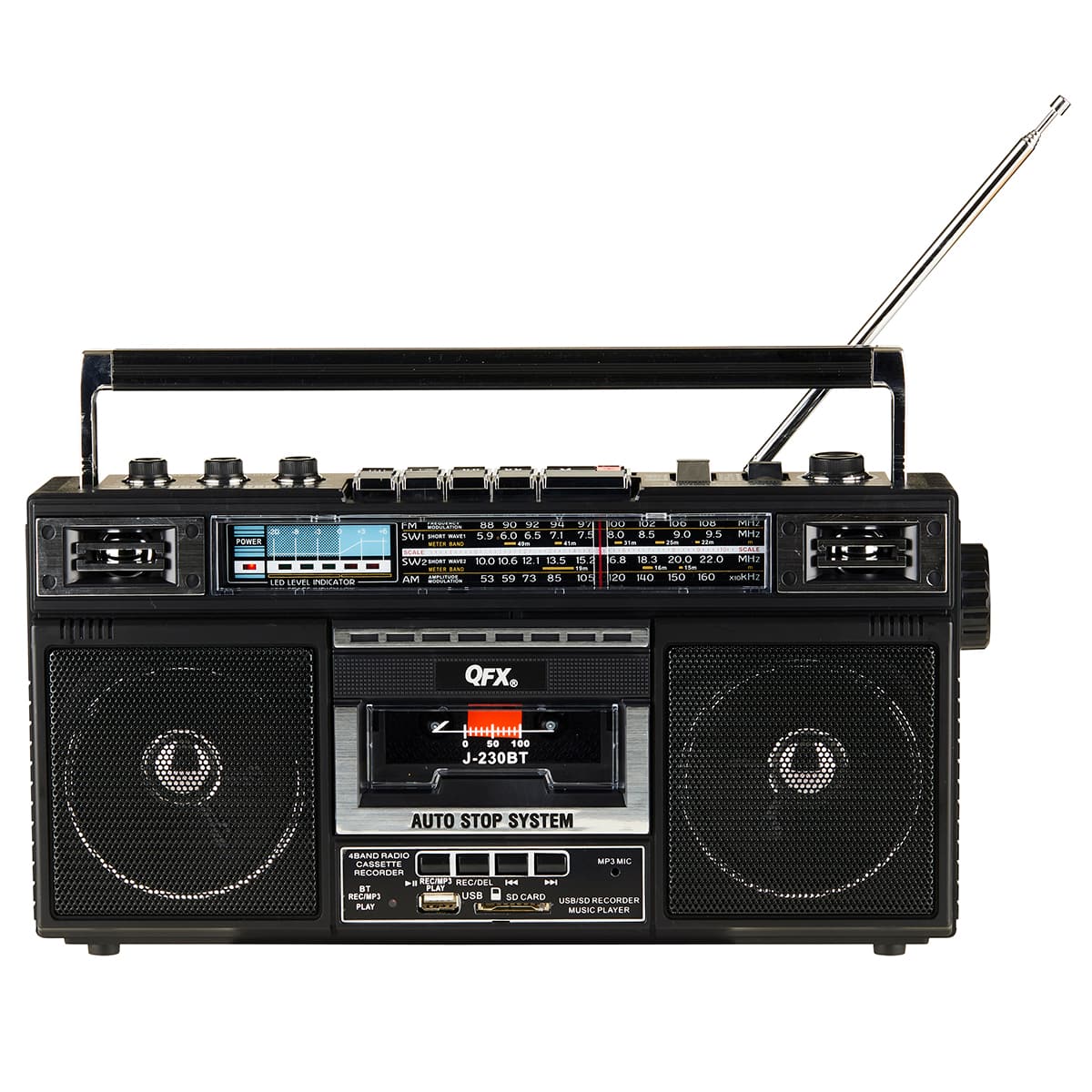 QFX - Rechargeable Cassette AM/FM/SW1-2 Radio Bluetooth Boombox with USB Recording - Black