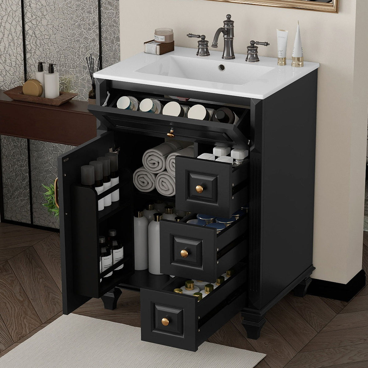 Tocador de baño independiente con lavabo, 3 cajones y cajón abatible