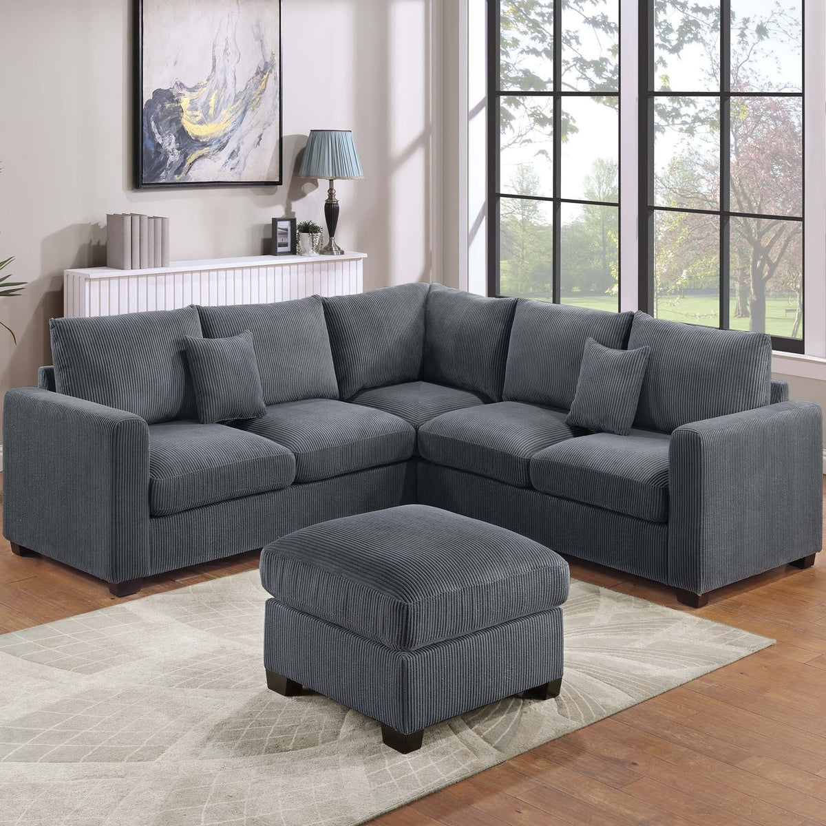 Conjunto de sofá seccional en forma de L de estilo moderno con otomana