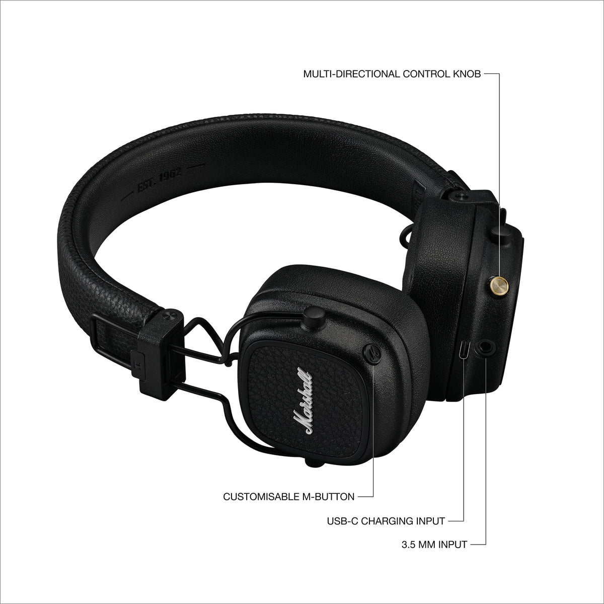 Marshall - Major V Wireless On-Ear Bluetooth Headphones with Lightweight Foldable Design and Microphone for Calls - Black