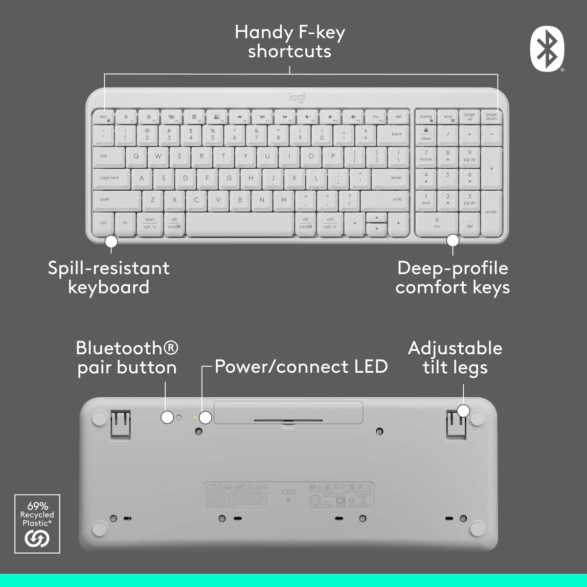 Logitech - MK250 Full-size Bluetooth Wireless Keyboard and Mouse Combo for Windows/MacOS with Fast & Easy Connectivity - Off-White