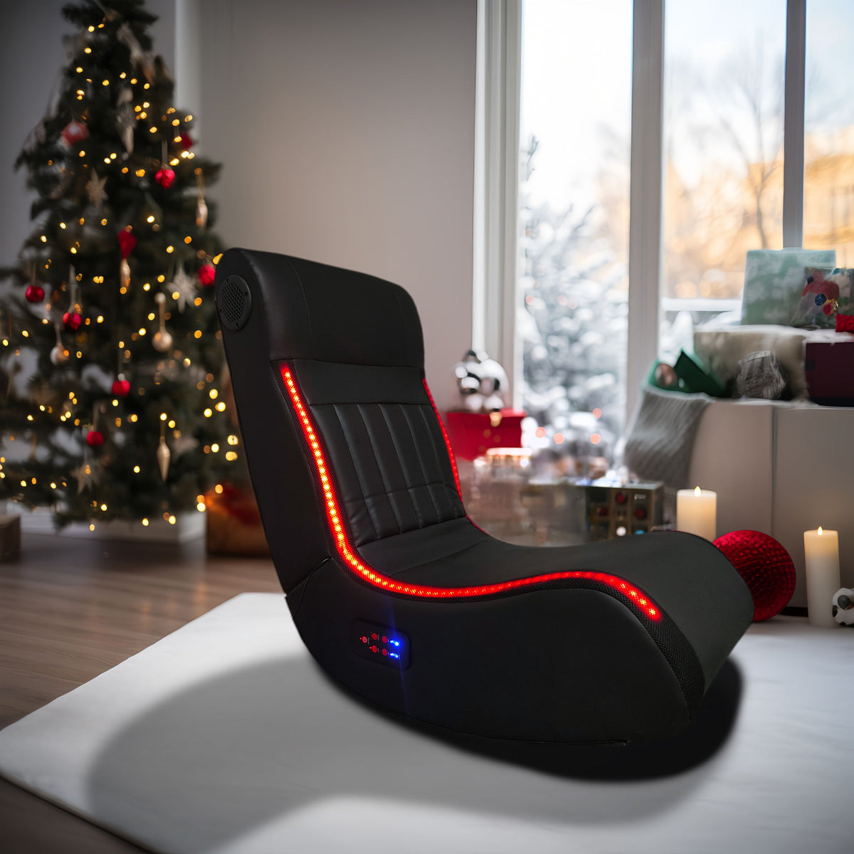 Sillón gaming plegable con altavoces integrados, luces LED, Bluetooth, masaje vibratorio, puerto de carga USB - Negro