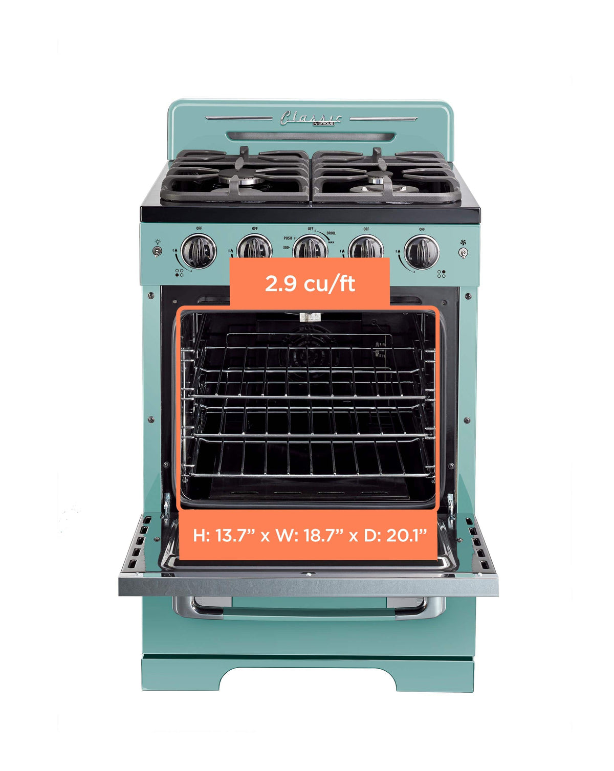 Unique Appliances - 24 in. Wide 4 burner Classic Retro 2.9 Cu. Ft. Freestanding Gas Convection Range - Ocean Mist Turquoise