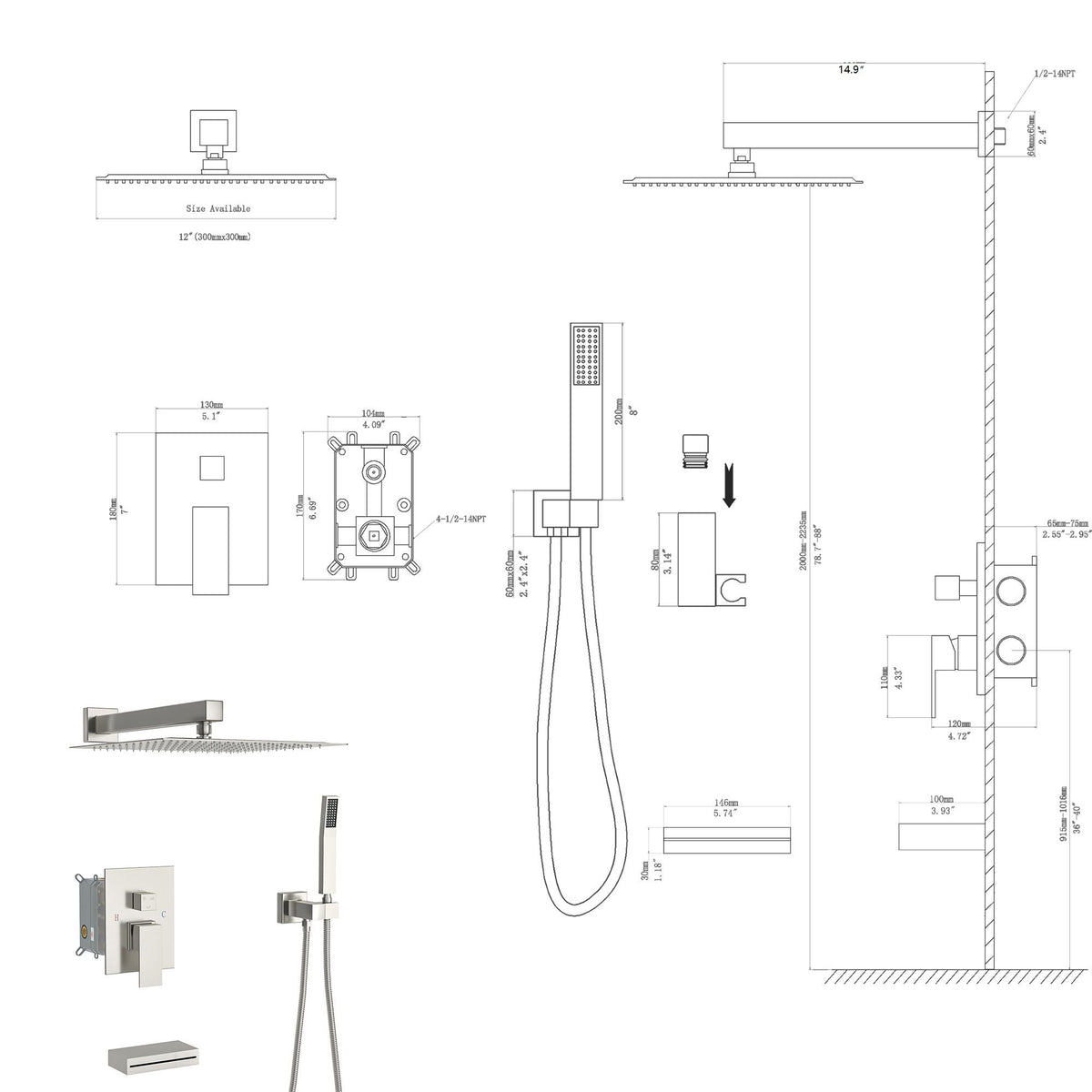 Square Shower System With Waterfall Tub Spout And Rough In Valve, Wall Mounted