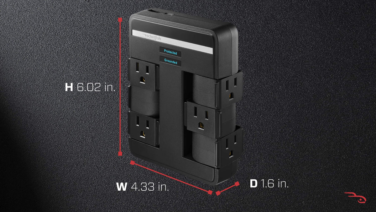 Rocketfish™ - 6-Outlet/1-USB/1-USB-C Swivel Wall Tap 2,100 Joules Surge Protector - Black