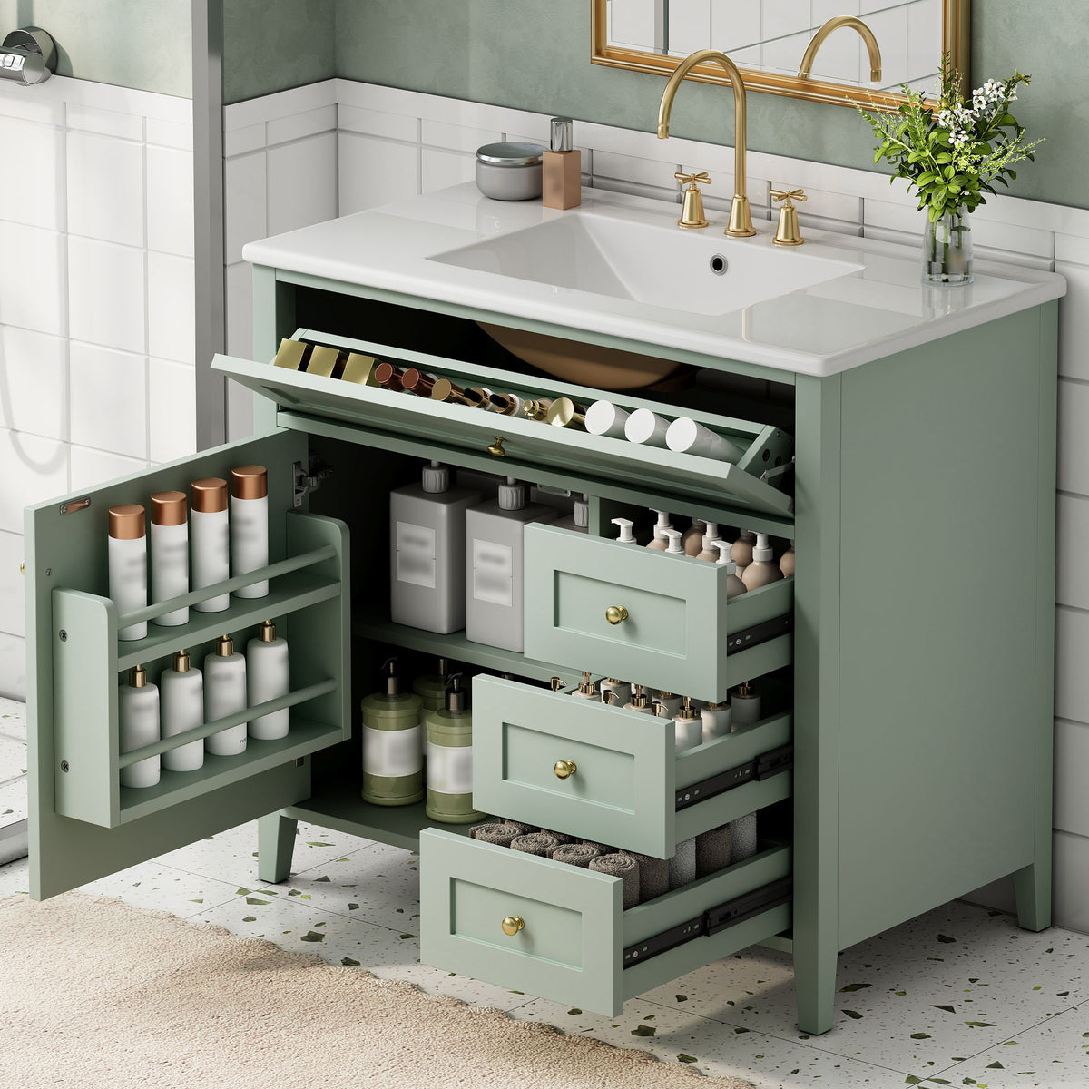Tocador de baño con lavabo, mueble con 3 cajones y estante ajustable