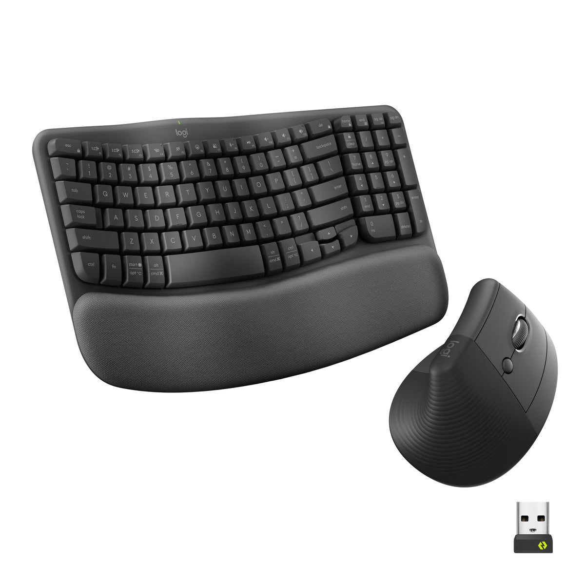 Logitech - Wave Keys and Lift Vertical Mouse Wireless Ergonomic Keyboard and Mouse Bundle with Cushioned Palm Rest - Graphite