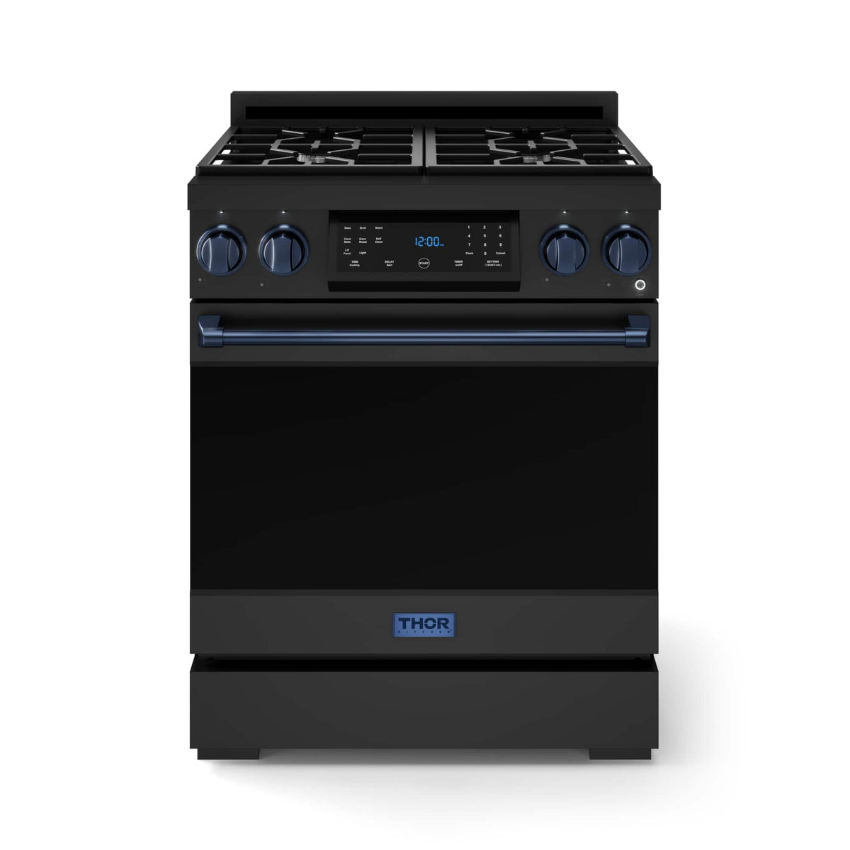 30 in. Wide 4 burner Gordon Ramsay Series by Thor Kitchen 4.55 Cu. Ft Freestanding Gas Range with Navy Blue Hardware - Black