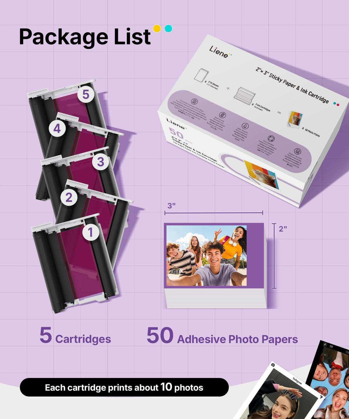 Liene - Pearl N200 Pro 2x3'' photo paper and 5 ink cartridges (50 Sheets)