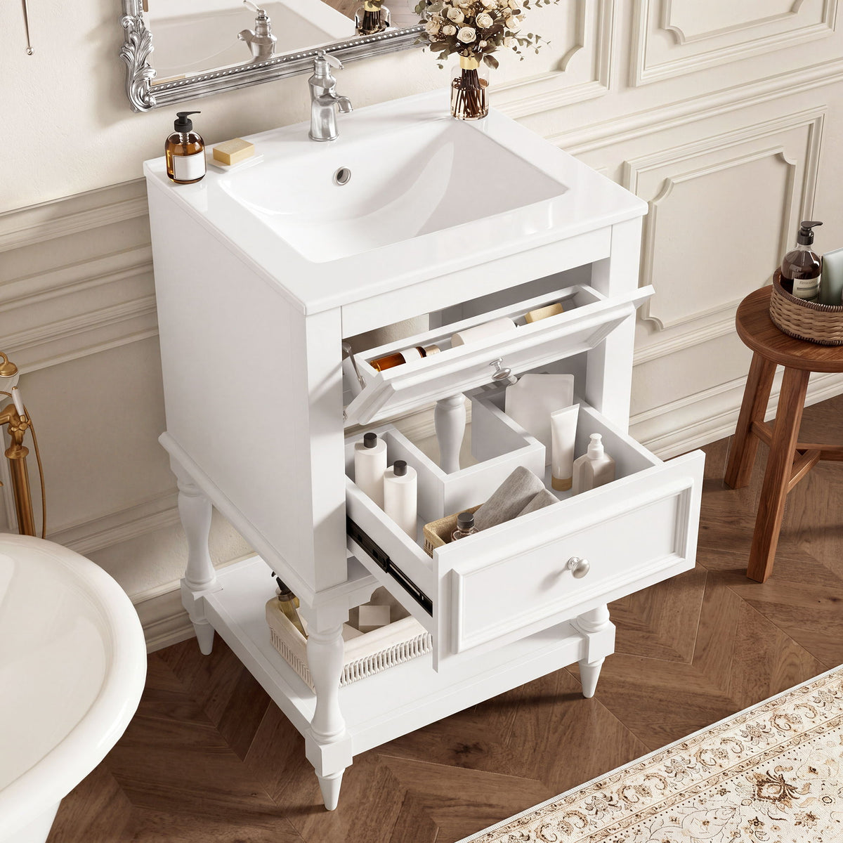 Tocador de baño de diseño retro con lavabo y gabinete de almacenamiento de 2 cajones