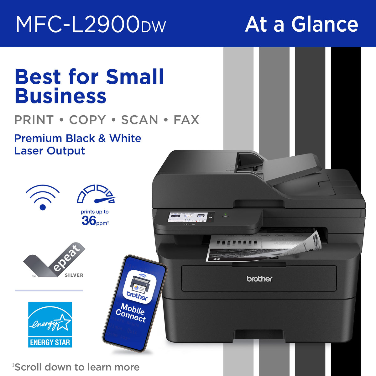 Brother - MFC-L2900DW Wireless Black-and-White Refresh Subscription Eligible All-In-One Laser Printer, Great for Small Offices - Gray