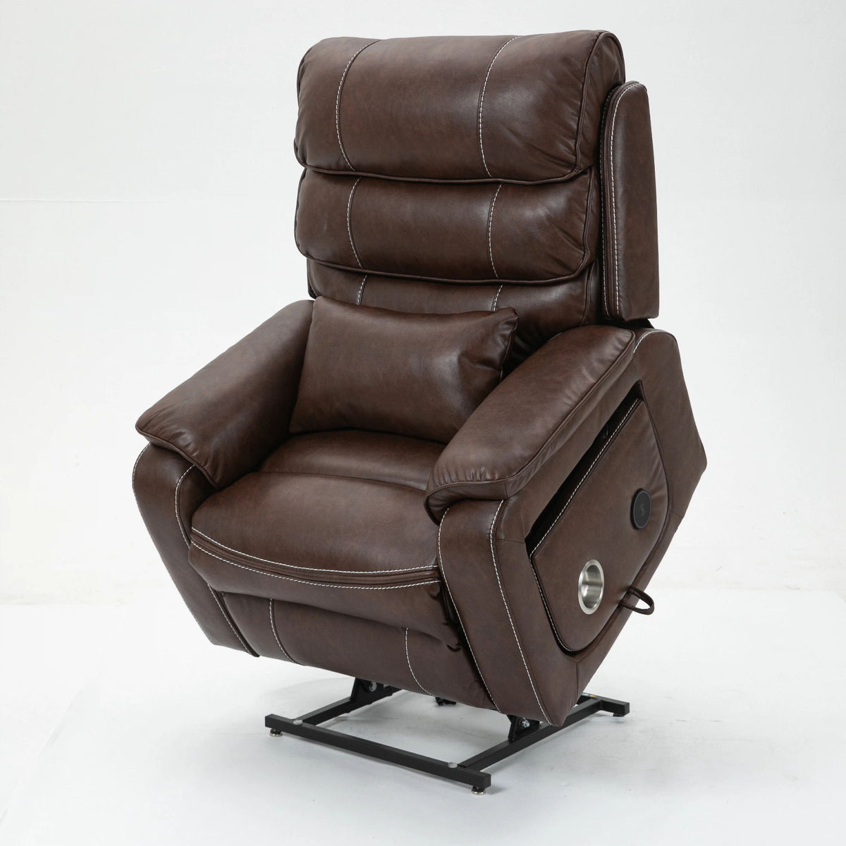Sillón reclinable de 180 grados con carga inalámbrica, soporte lumbar y elevador de doble motor - Marrón