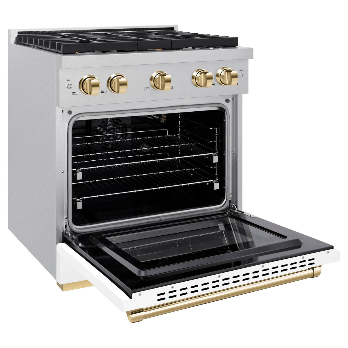 30 in. Wide 4 Burner ZLINE Autograph Paramount Satin Steel Gas Range with Gold Accents (SGRSZ-WM-30-G) - White Matte