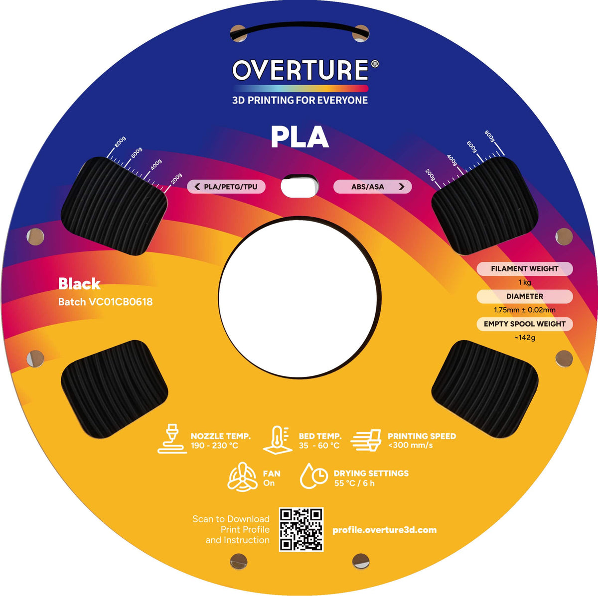 Overture - 1.75 mm PLA 3D Printer Filament - Black