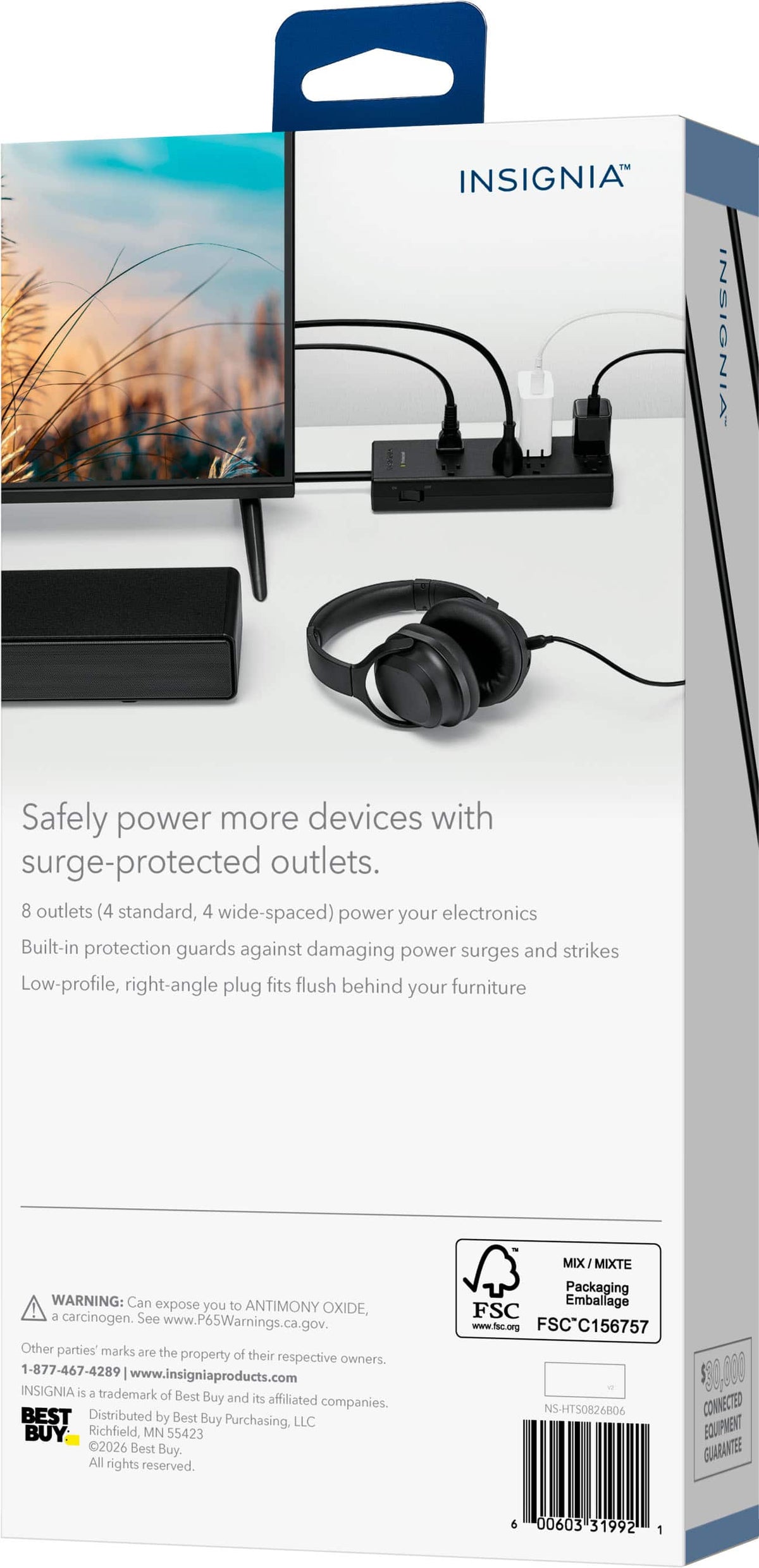 Insignia™ - Surge Protector for Home/Office with 8 AC Outlets, 6-foot cord, and 1440 joules of surge protection - Black