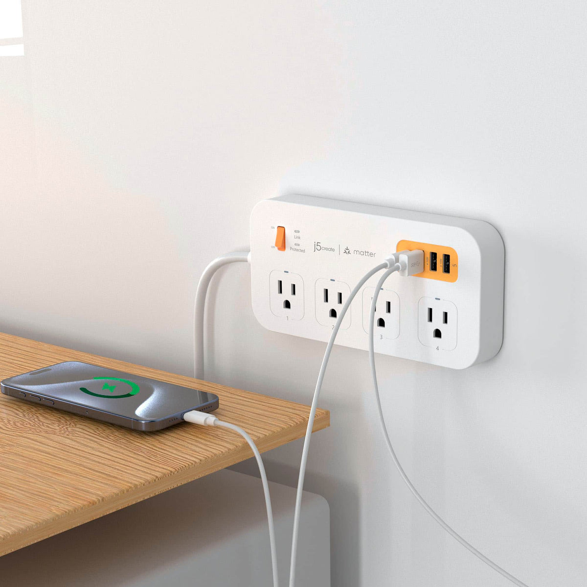 j5create - 4-Outlet/3-USB-A/1-USB-C 500J Smart Matter Enabled Surge Protector Power Strip - White & Orange