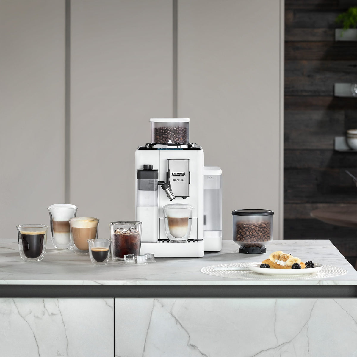 De'Longhi - Rivelia Fully Automatic Espresso Machine, Integrated Grinder, 2 Removable Bean Hoppers, Automatic Milk Frother - Arctic White