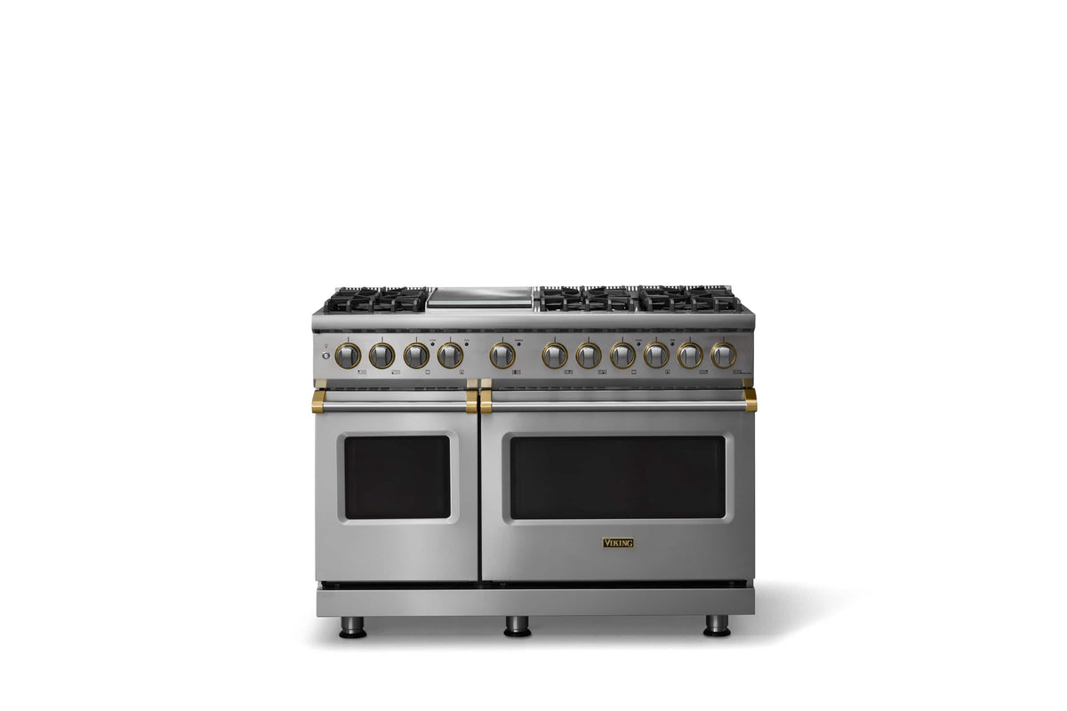 Viking - 48"W. P5S 7.3 Cu.Ft. Freestanding Self-Clean LP Sealed 6B Dual Fuel Convection Rng/Grdl-Stainless Steel/Brushed Brass - Stainless Steel