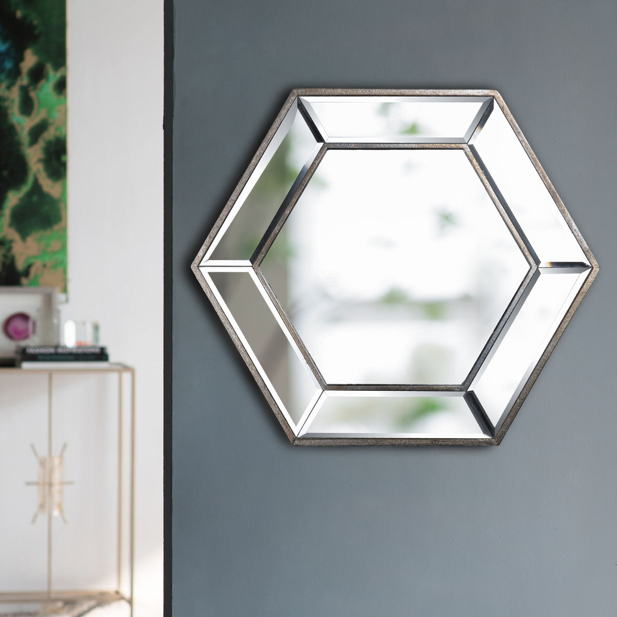 Hexagon Wall Mirror With Contemporary Glass Design, Home Decor Accent Mirror For Living Room, Entryway, Bedroom