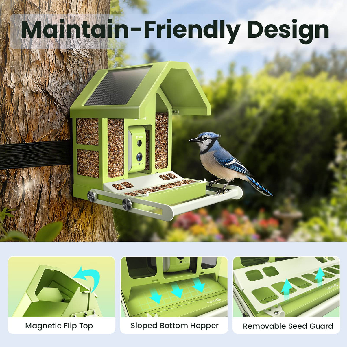 BIRDFY - Smart Bird Feeder with Camera, Durable Metal Bird Feeders for Outdoors, AI Identify Bird Species - Green