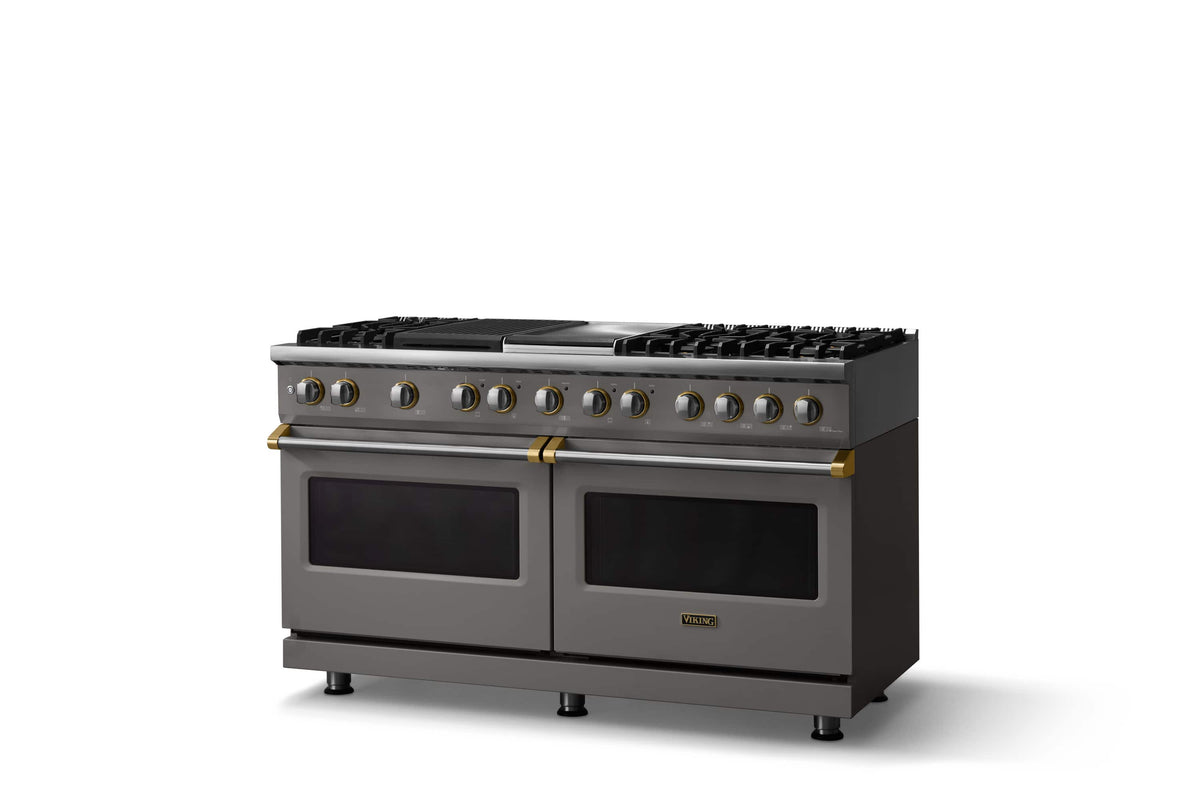 Viking - Pro 5 Series 9.4 Cu. Ft. Freestanding Sealed 8B LP DF Convection Range/Grdl/Grill - Damascus Gray w. Brushed Brass Trim - Damascus Gray
