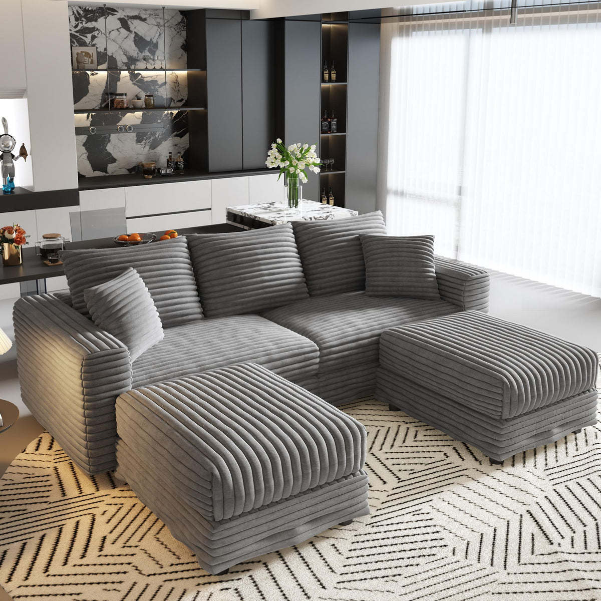 Convertible Deep Seat Sofa With Soft Pillows And Ottomans