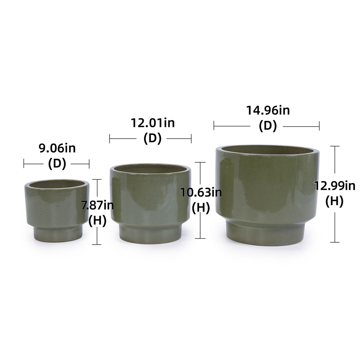 Juego de 3 macetas de cerámica, jardineras para patio, jardín o alféizares - Verde claro antiguo