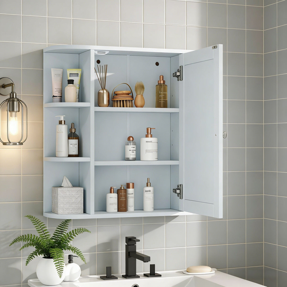 Armario de pared para baño con espejo y estante ajustable, 6 estantes abiertos