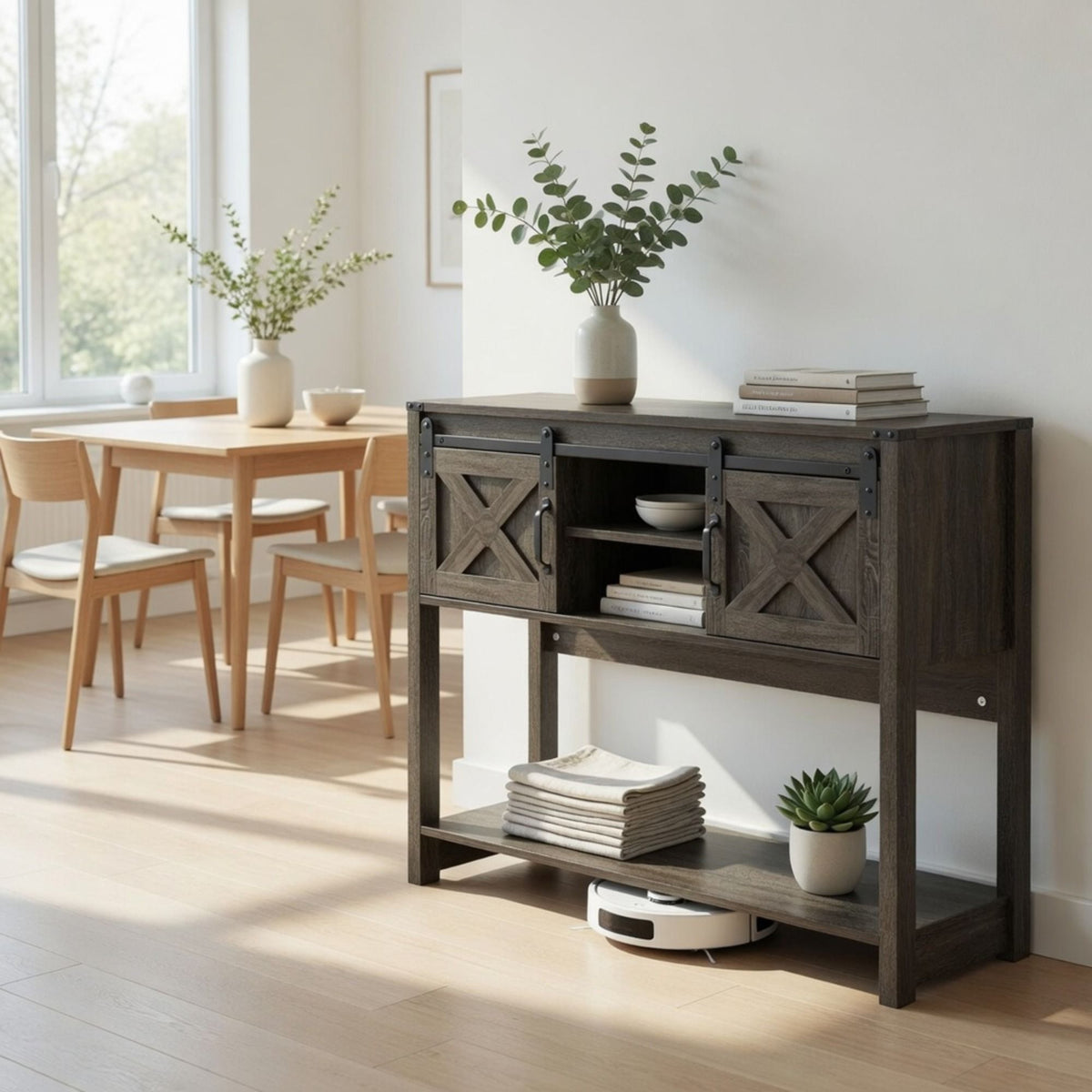 Mesa de entrada rústica con puerta corrediza estilo granero