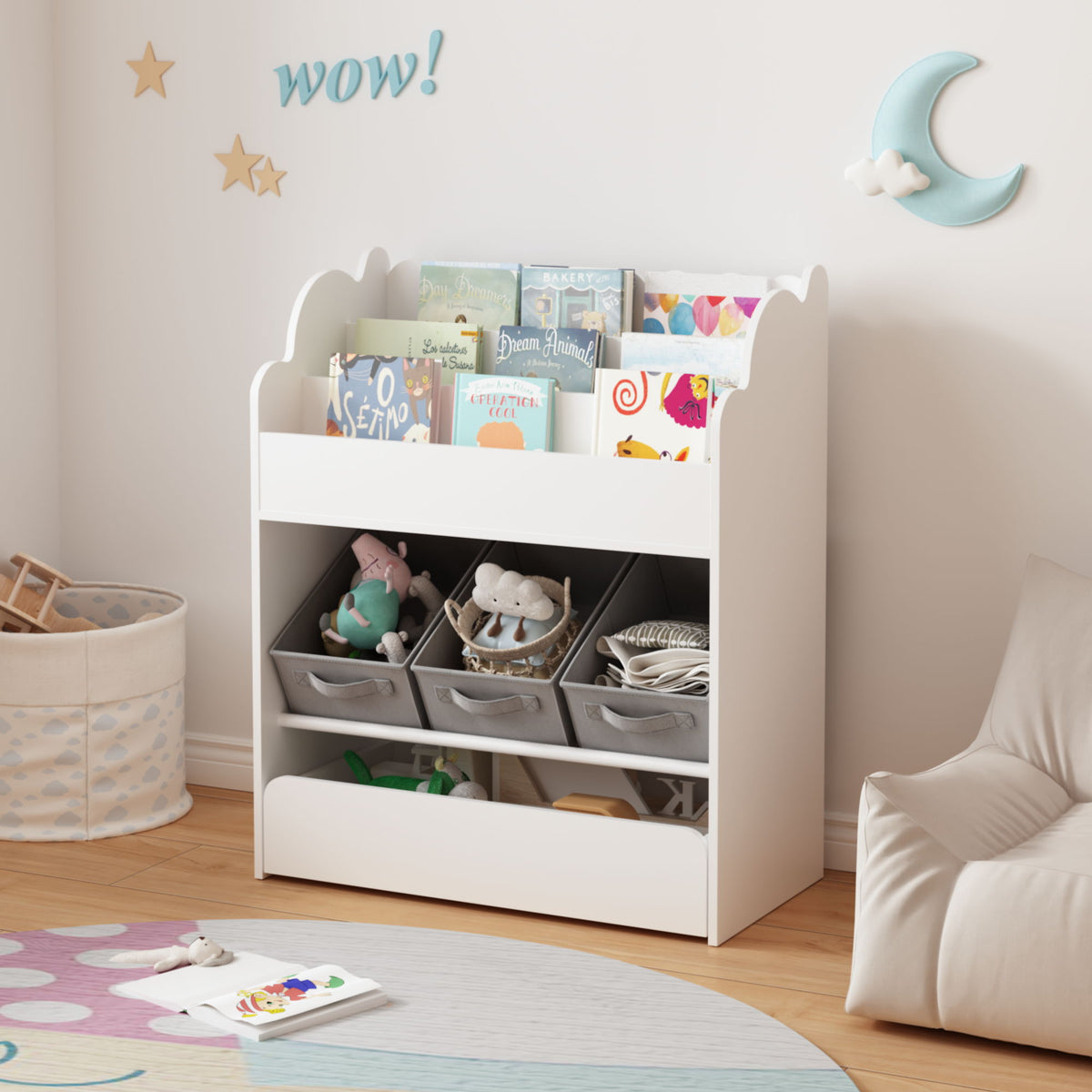 Bookshelf With Storage Bins And Drawer, Multi Functional Book Organizer For Toddlers - White