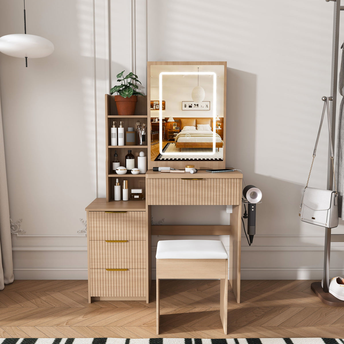 Modern Vanity Desk With 3 LED Lighting Modes, 4 Drawers
