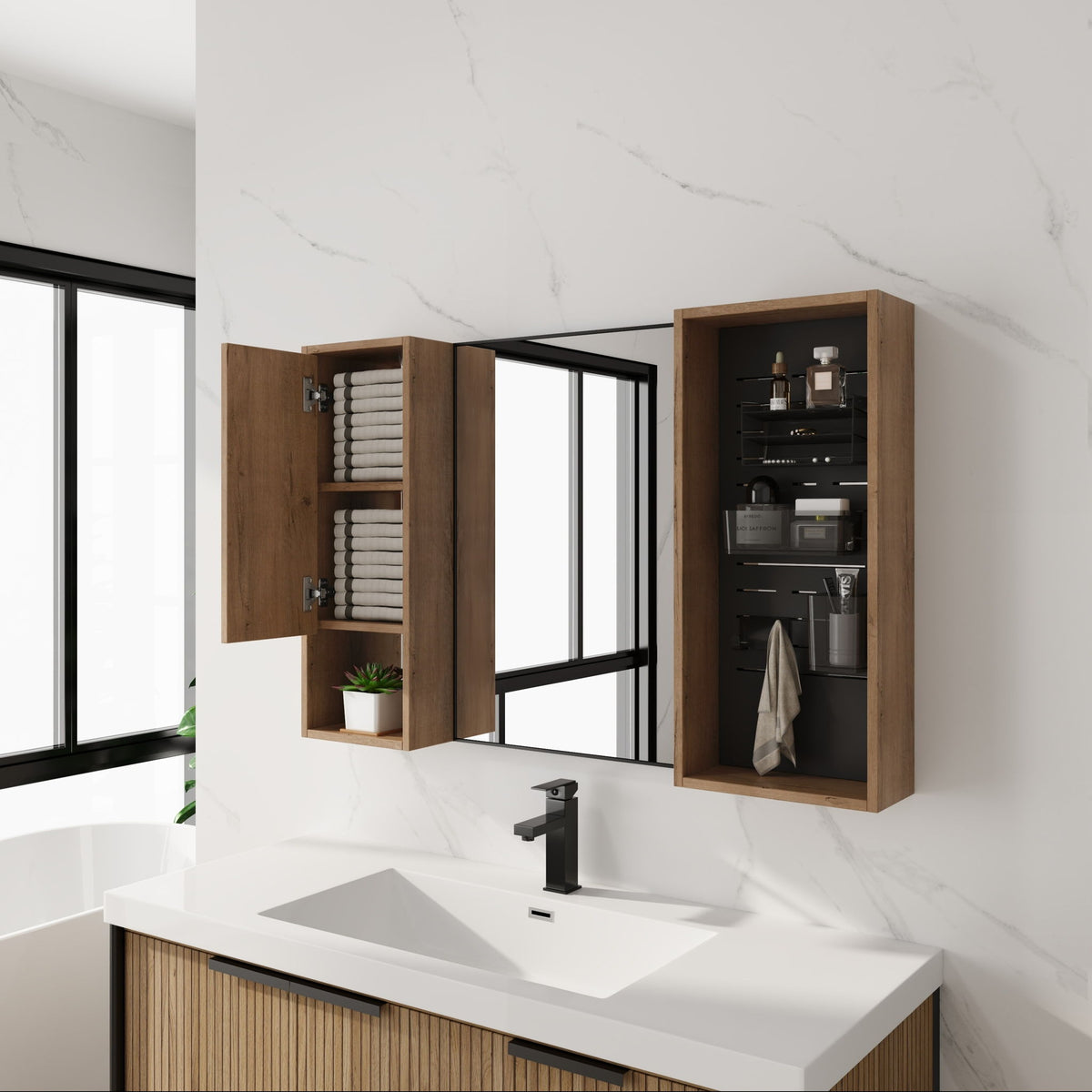 Armario de pared de 41.3" con almacenamiento, botiquín con puerta y estantes ajustables - Roble imitación