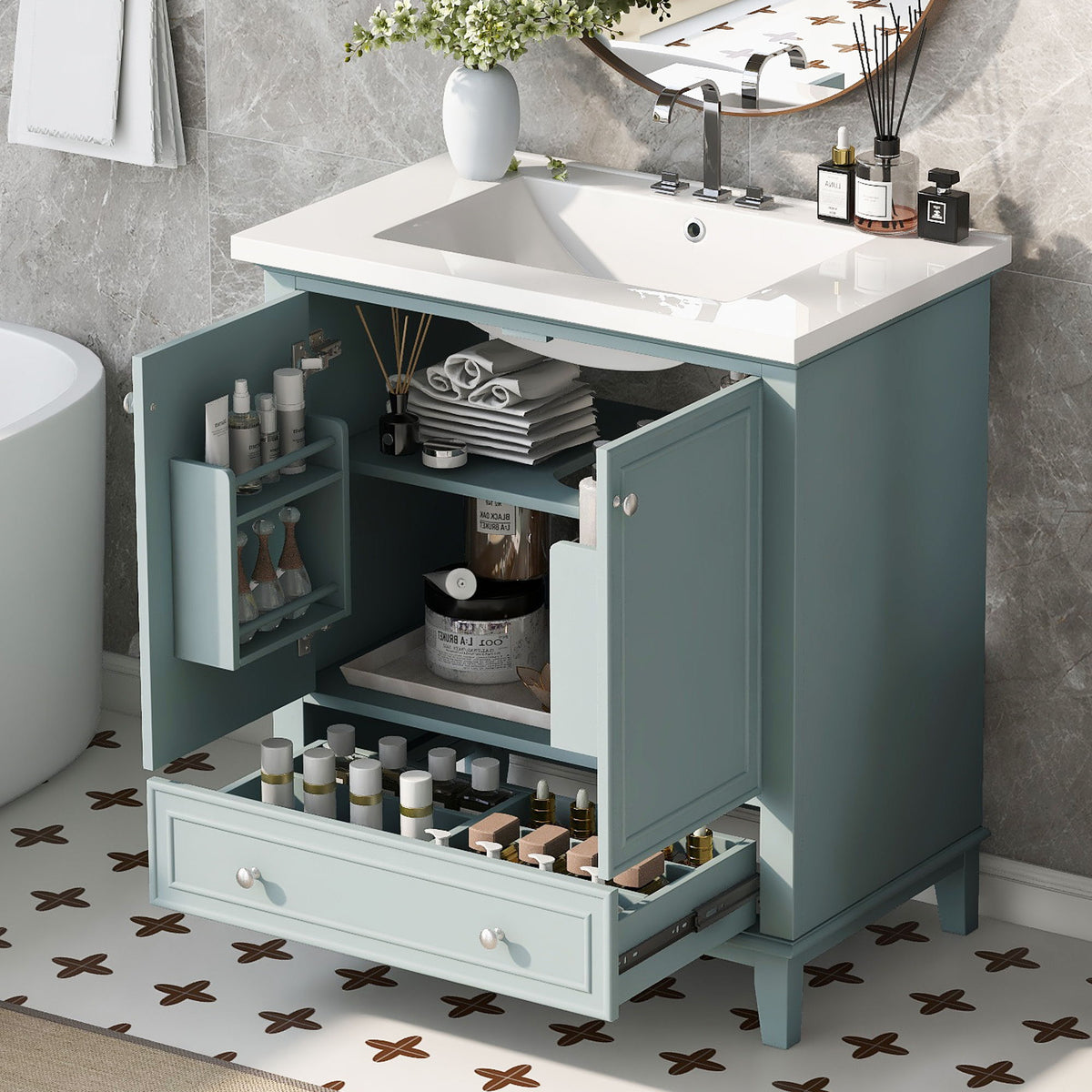 Mueble de baño moderno con lavabo, puertas y cajón