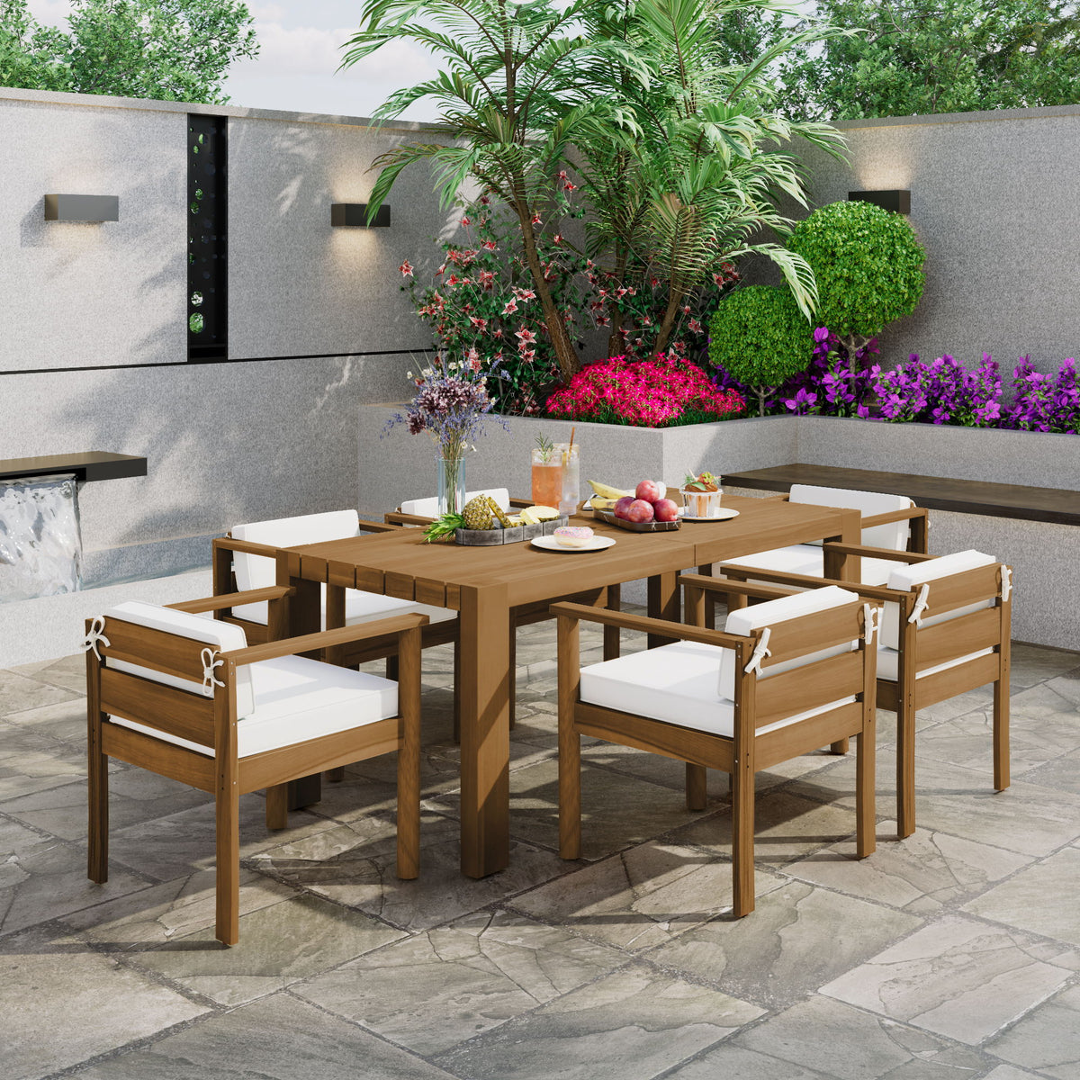 Juego de comedor rústico para patio para 6 personas con cojines extraíbles