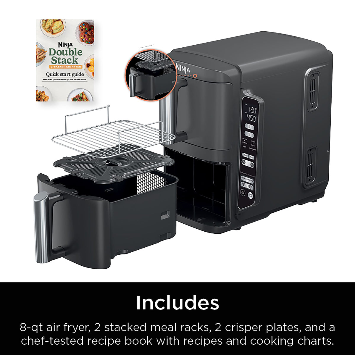 Ninja - DoubleStack 8 QT, 6-in-1, 2-Basket Air Fryer, Space Saving Design - Black