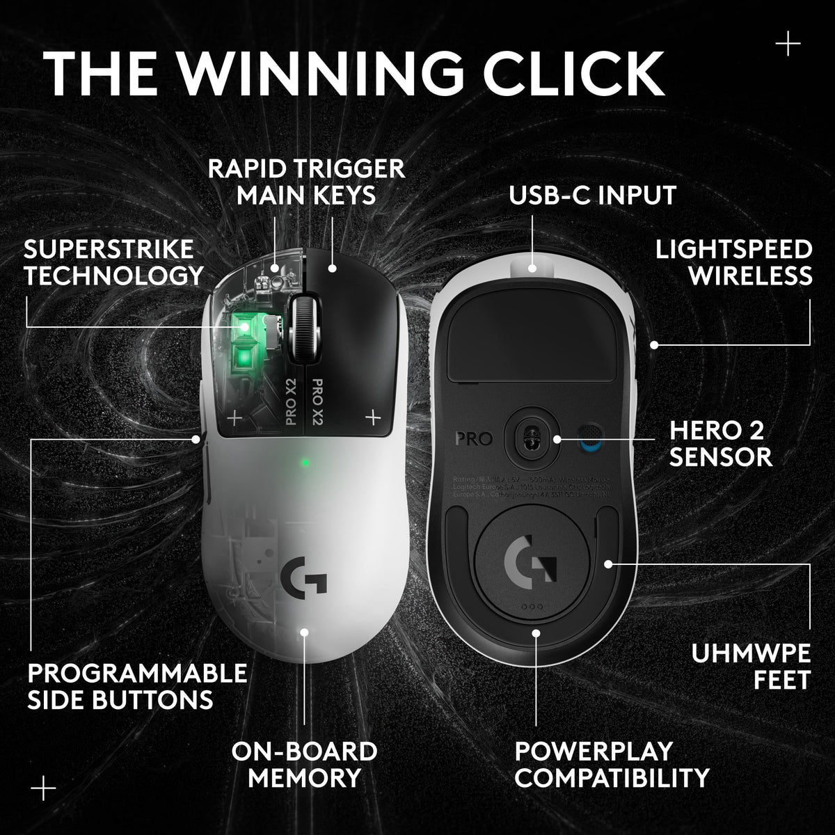 Logitech - PRO X2 SUPERSTRIKE LIGHTSPEED Lightweight Wireless Gaming Mouse with Customizable Click Haptics for PC/Mac/Laptop - Wireless - White