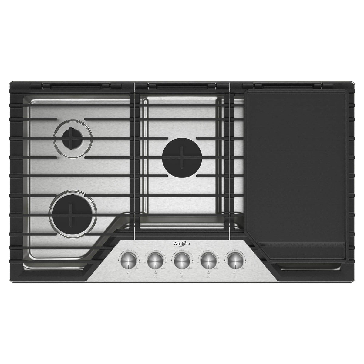 Whirlpool - 36 in. Wide 5 burners Built-In Gas Cooktop with  2-in-1 Hinged Grate to Griddle - Stainless Steel
