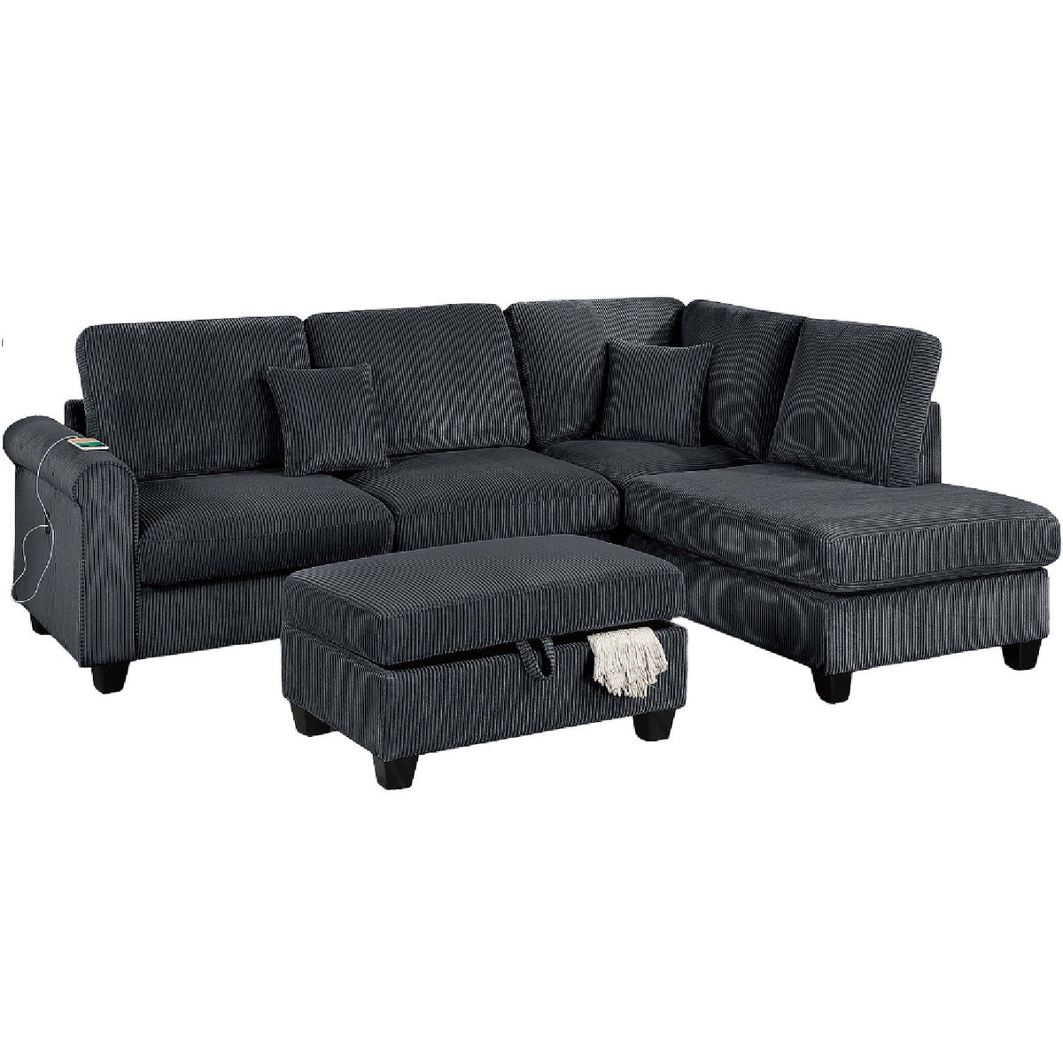 Conjunto seccional contemporáneo con chaise longue en el brazo derecho, sofá con brazo izquierdo y puerto USB, y otomana con almacenamiento