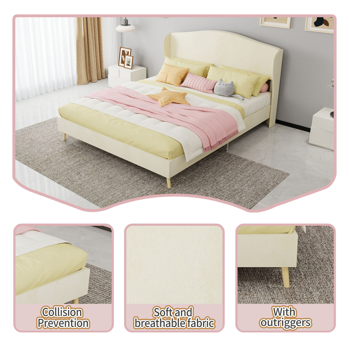 Cama tapizada, cabecero capitoné, sueño confortable
