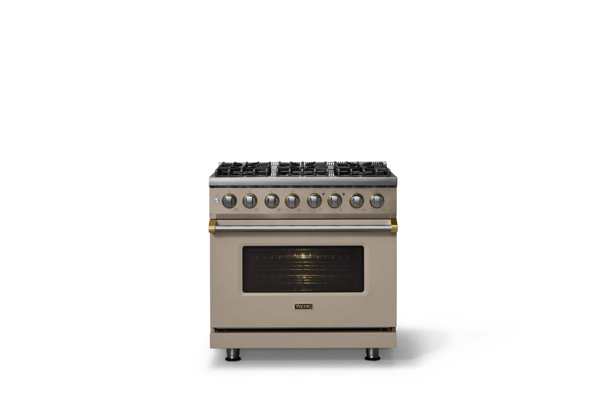 Viking - 36"W 5.6 Cu.Ft. Pro5S Freestanding Sealed 6 Burner Dual Fuel Convection LP Range - Nantucket w. Brushed Brass Trim - Nantucket