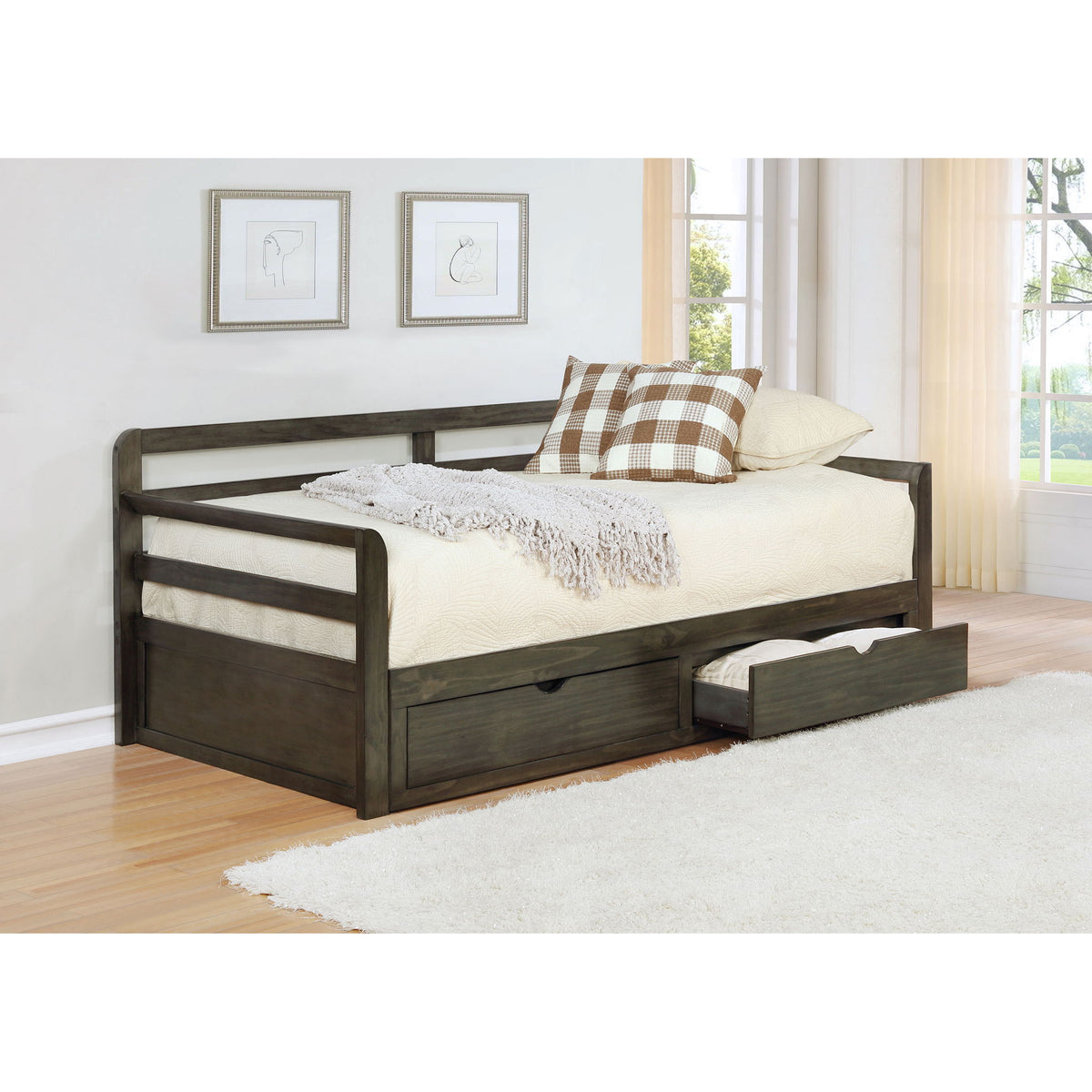 Cama nido doble larga con 2 cajones y nido extensible, cajones de almacenamiento, se adapta a un colchón estándar - Gris