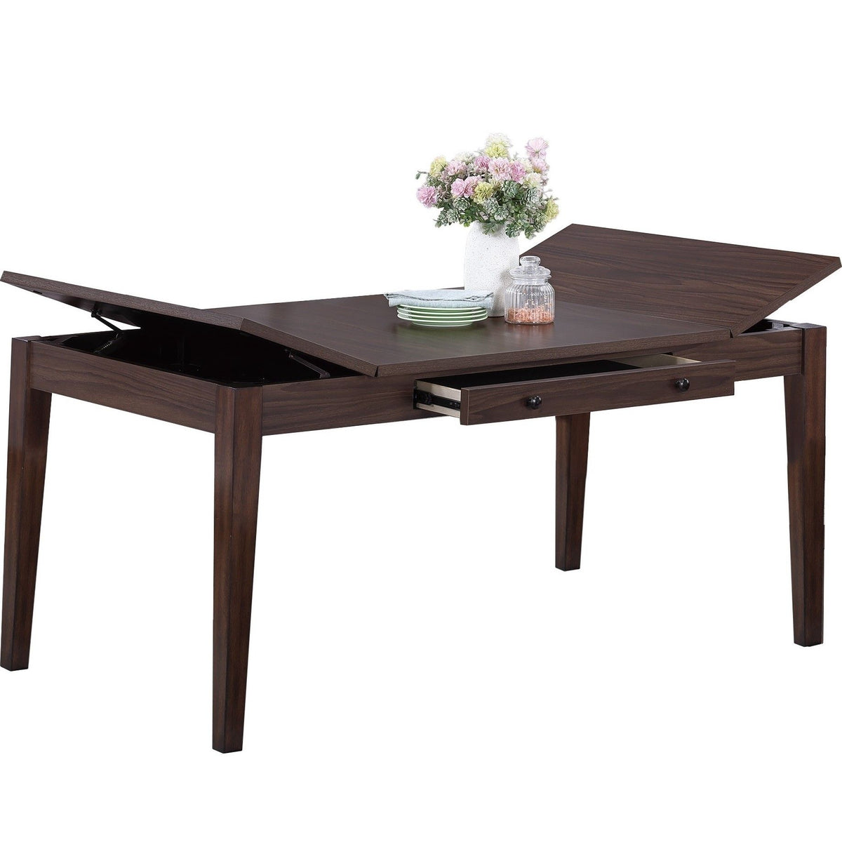 Mesa de comedor con almacenamiento elevable integrado y cajón, mueble rectangular - Nogal