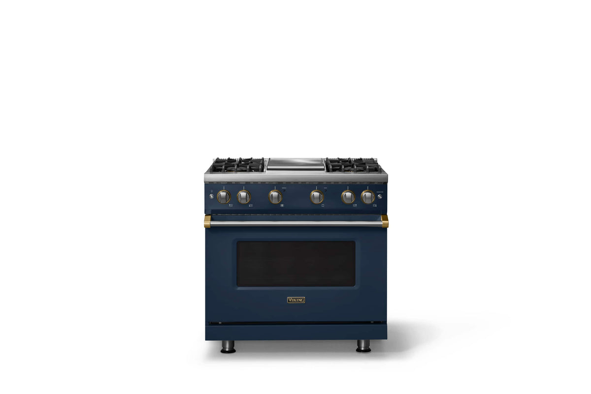 Viking - 36 in. Wide Pro 5 Series 5.1 Cu. Ft. Freestanding Sealed 4 Burner Gas Convection Range - Slate Blue w. Brushed Brass - Slate Blue