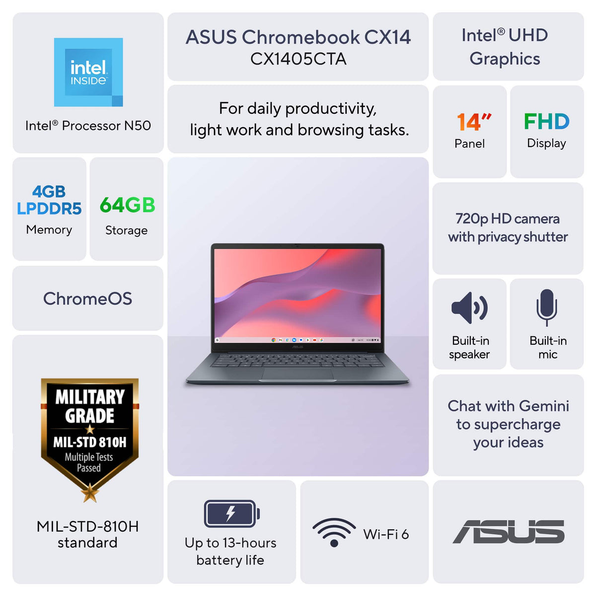 ASUS - CX14 14" FHD Chromebook Laptop - Intel Celeron N50 (2023) - 4GB Memory - 64GB Storage - Dusk Gray