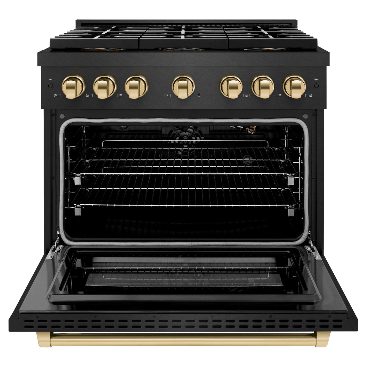 ZLINE - 36 in. Wide 6 Burner Autograph 5.2 cu. ft. Manual Clean Freestanding DuoPro Gas Range with Gold Accents - Black Satin Stainless Steel