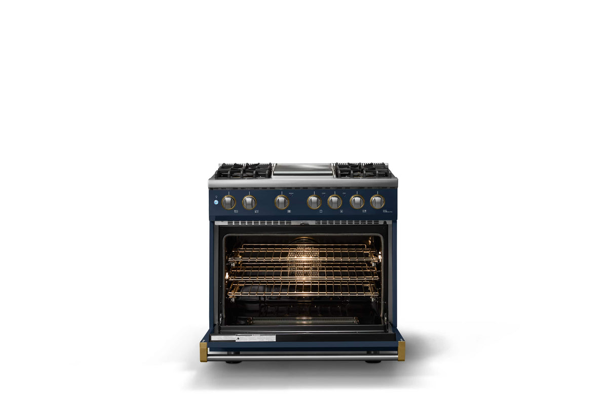 Viking - 36 in. Wide 4 Burner Pro 5 Series 5.6 Cu. Ft. Freestanding Sealed LP DF Convection Range/Grdl with Brushed Brass Trim - Slate Blue