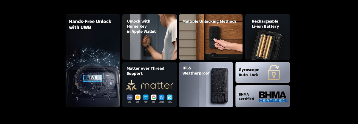 Aqara - UWB Smart Lock U400 Kit with M100 Hub, Matter, Thread, Wifi, Apple Home Key, Fingerprint, Rechargeable Battery - Black